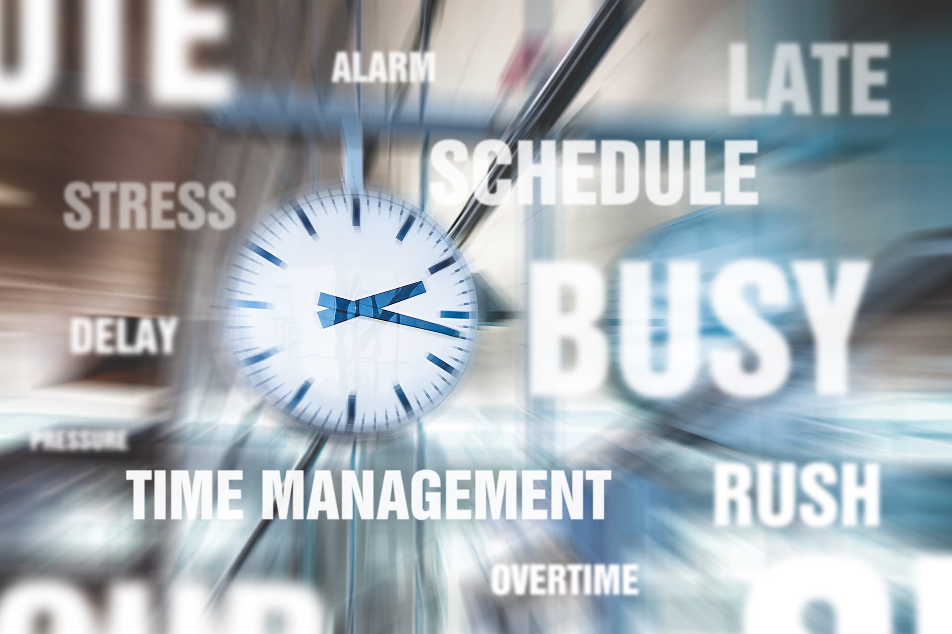 A graphic with a stopwatch and several time-related words like "Time Management" and "Busy"